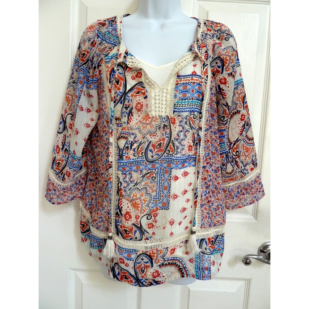 *DANIEL RAINN Sz M 8/10 Boho 2 Pc. Sheer Blouse & Cami Colorful Patchwork*
